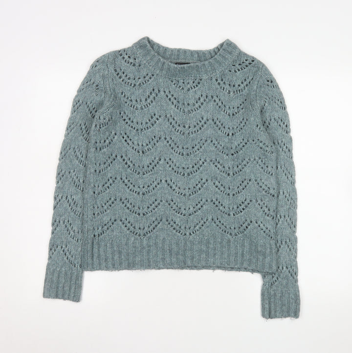 Pieces Women’s Green Open-Knit Crew Neck Pullover Jumper XS