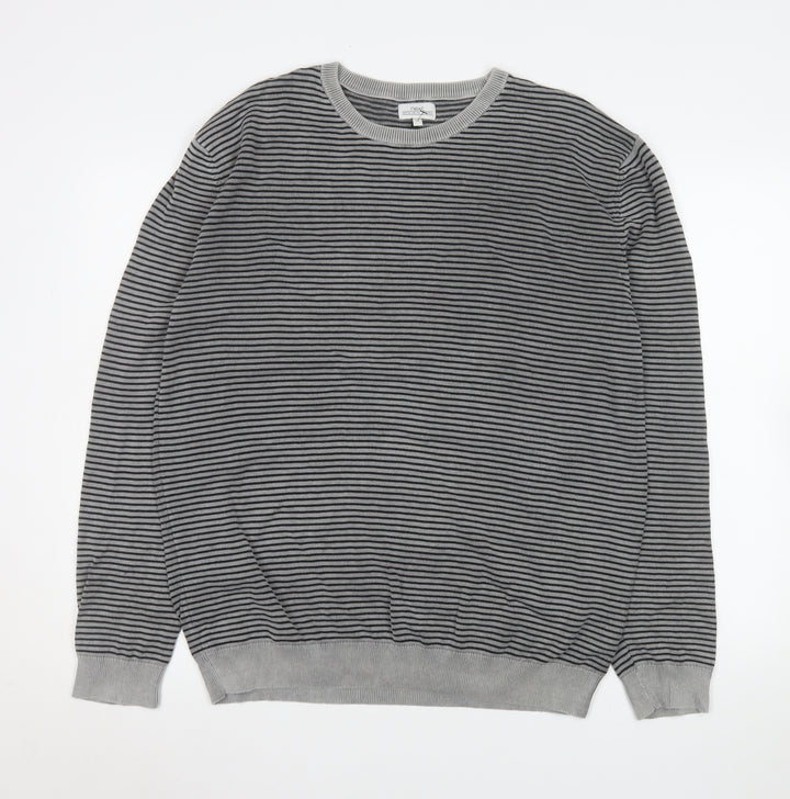 Next Men’s Grey Striped Cotton Crew Neck Pullover Jumper XL