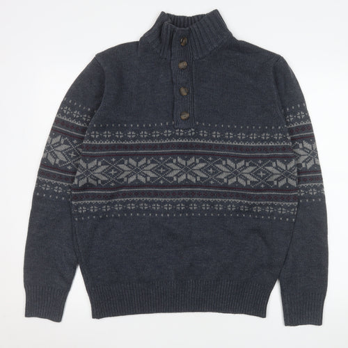 George Men’s Blue Fair Isle Button Henley Knit Sweatshirt Medium