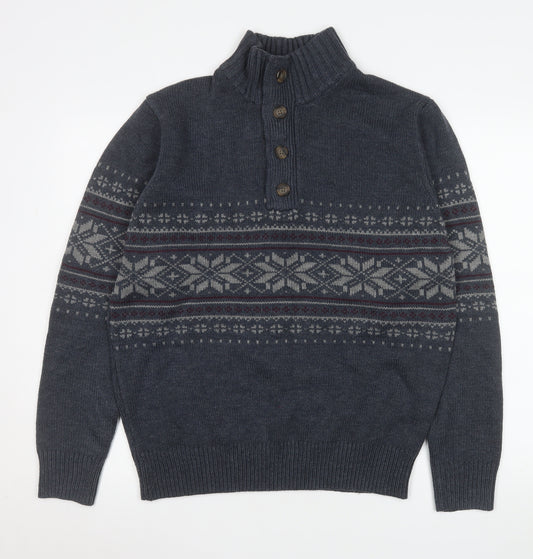 George Men’s Blue Fair Isle Button Henley Knit Sweatshirt Medium