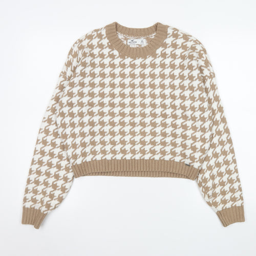 Hollister Womens Beige Houndstooth Knit Jumper XS Crew Neck Pullover