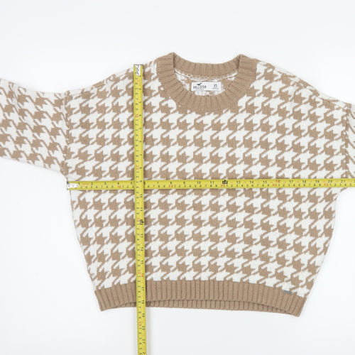 Hollister Womens Beige Houndstooth Knit Jumper XS Crew Neck Pullover