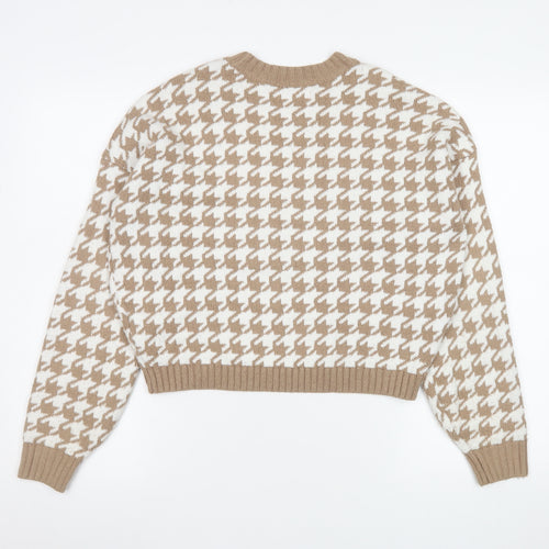 Hollister Womens Beige Houndstooth Knit Jumper XS Crew Neck Pullover