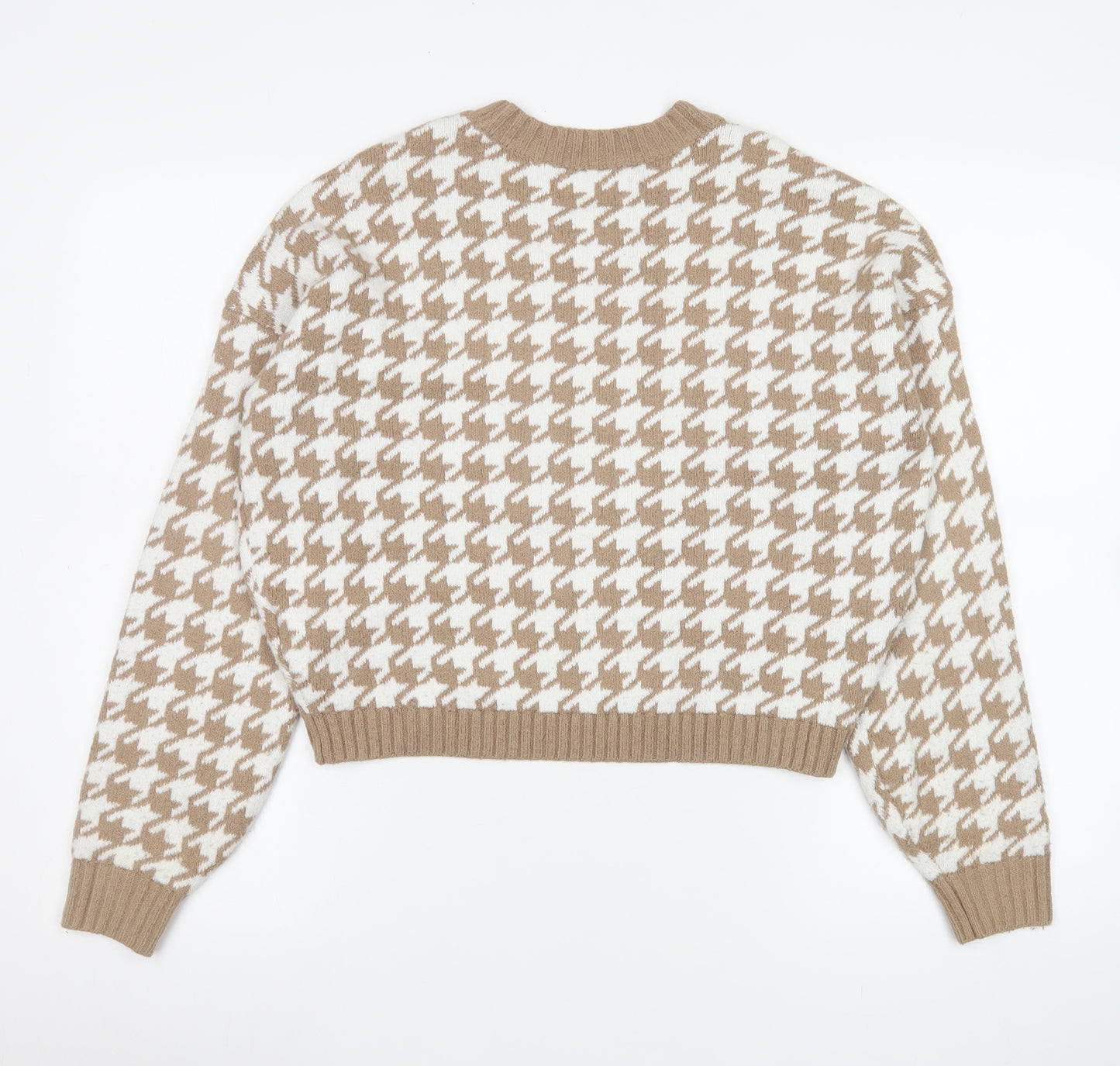 Hollister Womens Beige Houndstooth Knit Jumper XS Crew Neck Pullover