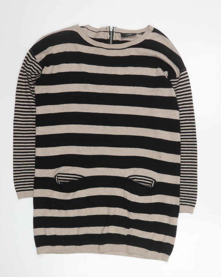 Wallis Women Beige Black Striped Knit Shift Dress Size 8