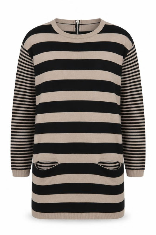 Front view of Wallis Women Beige Black Striped Knit Shift Dress, size 8