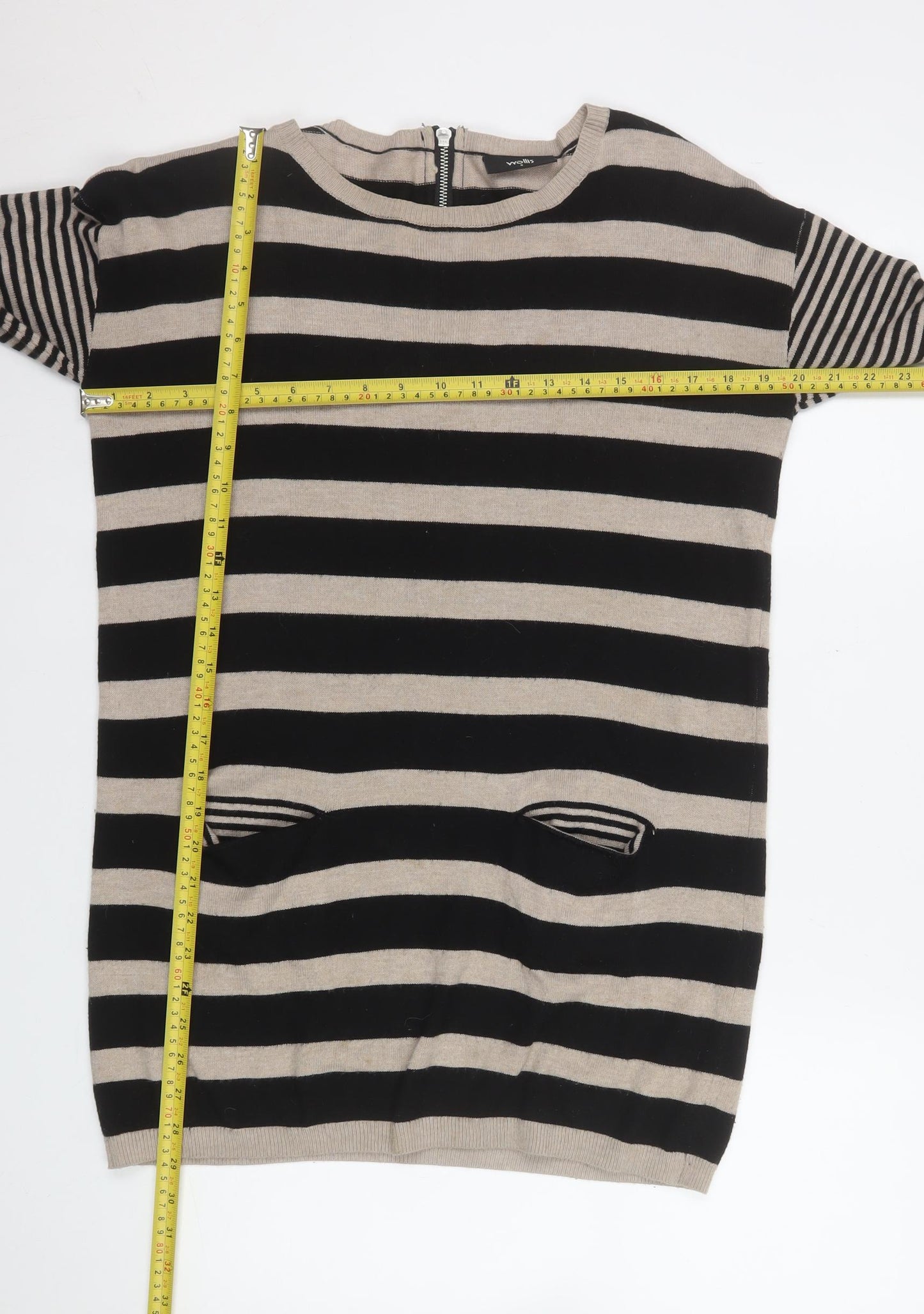 Wallis Women Beige Black Striped Knit Shift Dress Size 8