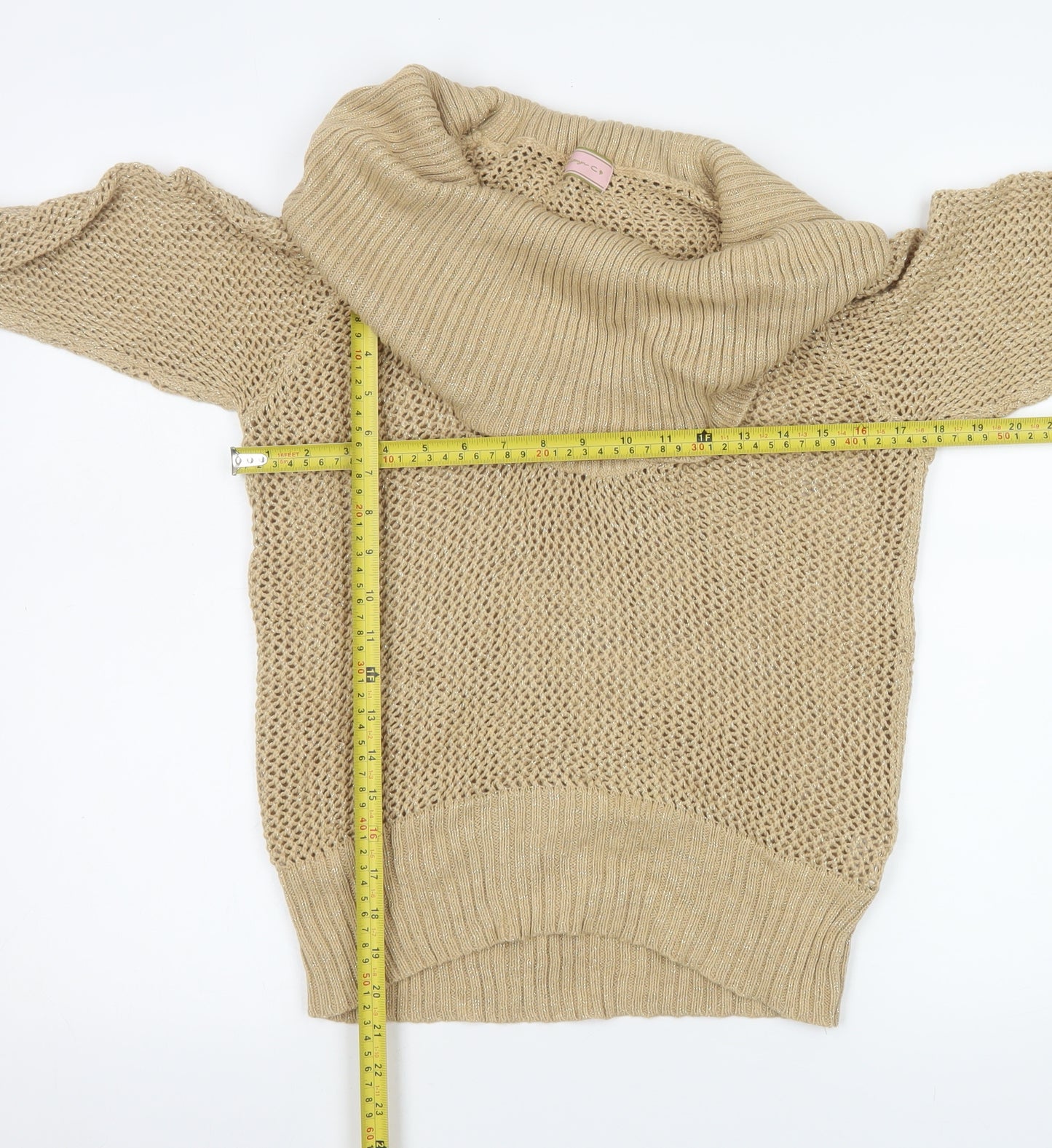 Kathryn C Womens Beige Cowl Neck Open Knit Pullover Jumper Size M