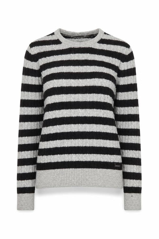 Front view of Superdry women’s grey black striped wool cashmere long sleeve knit top xs