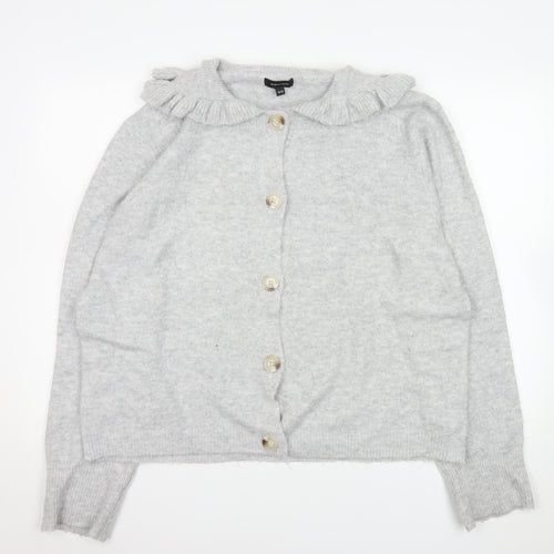 JD Williams Women Grey Cardigan Size 16/18 Button Front Ruffle Collar Knit