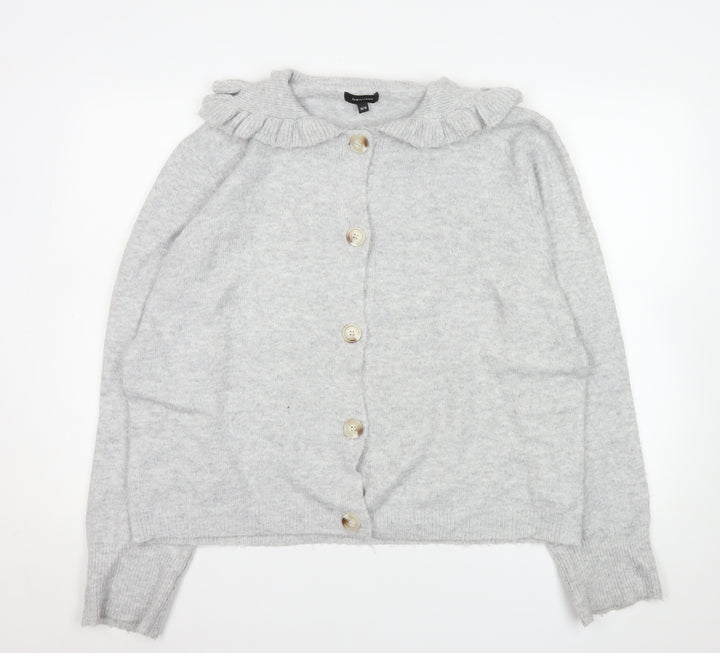 JD Williams Women Grey Cardigan Size 16/18 Button Front Ruffle Collar Knit