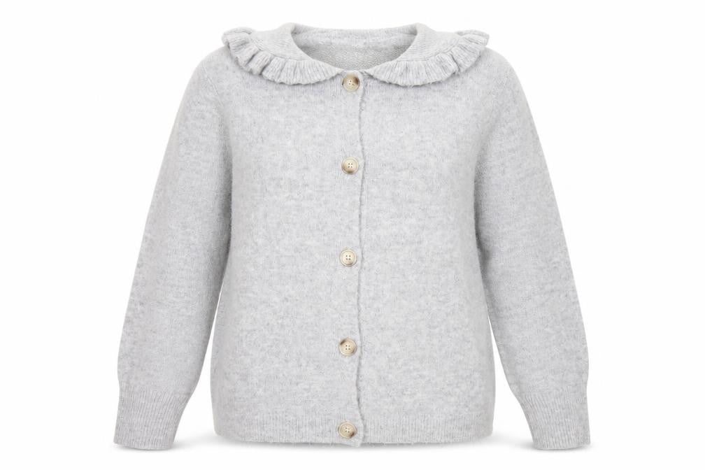 Front view of JD Williams Women Grey Cardigan, size 16/18, Button Front Ruffle Collar Knit