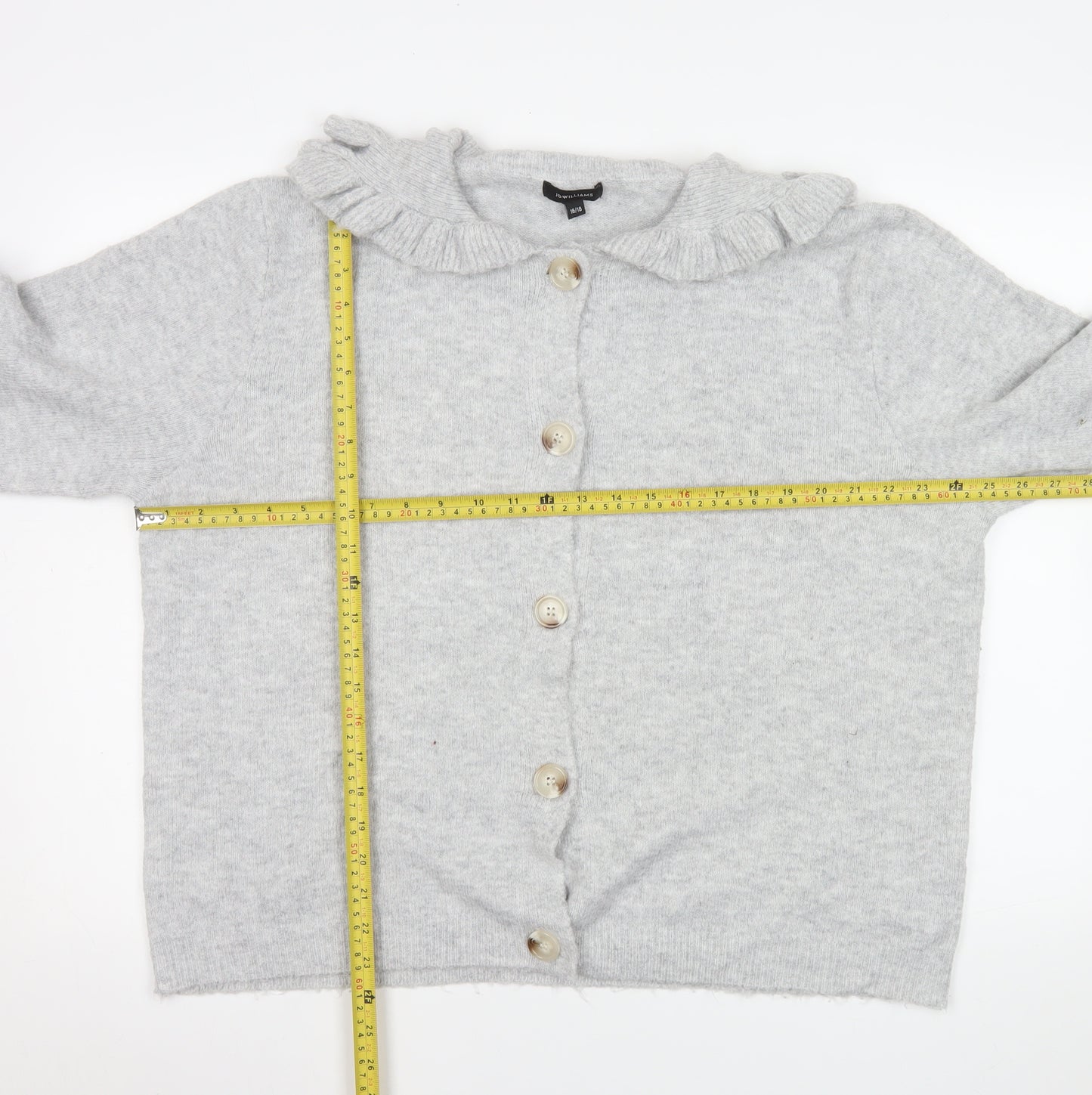 JD Williams Women Grey Cardigan Size 16/18 Button Front Ruffle Collar Knit