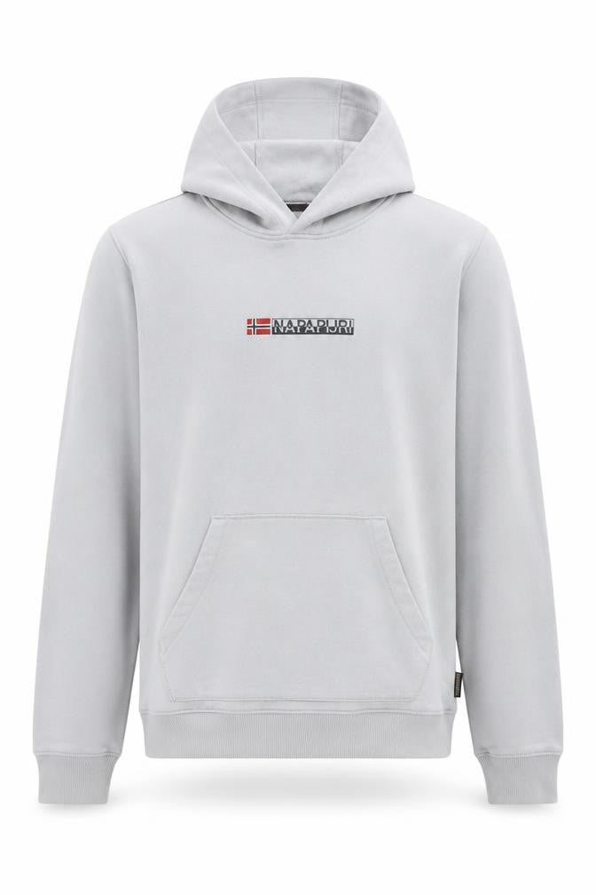 Front view of Napapijri Men's Grey Pullover Hoodie S Regular Fit Fleece Logo