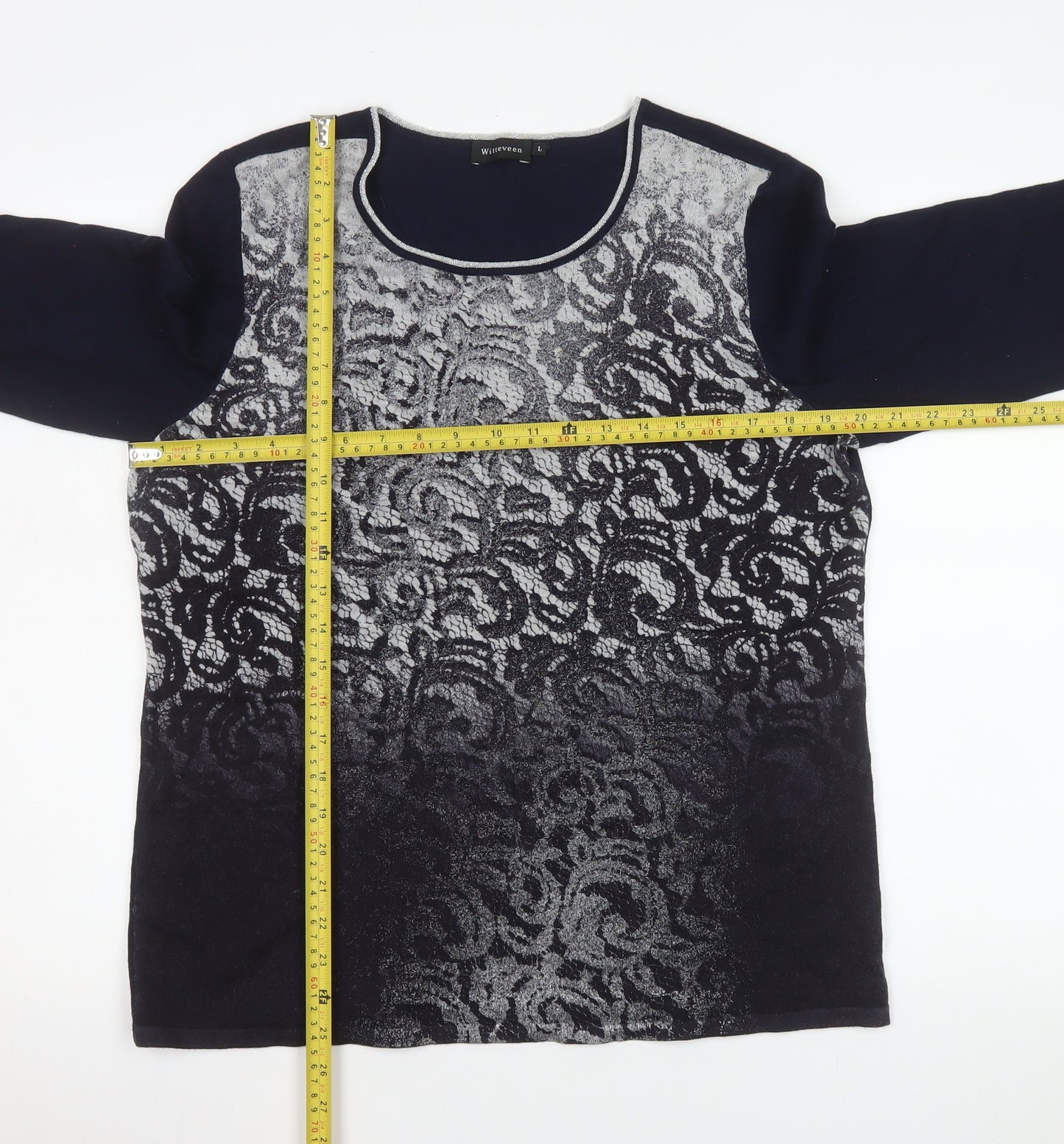 Witteveen Women’s Blue Floral Metallic Knit Long Sleeve Top L