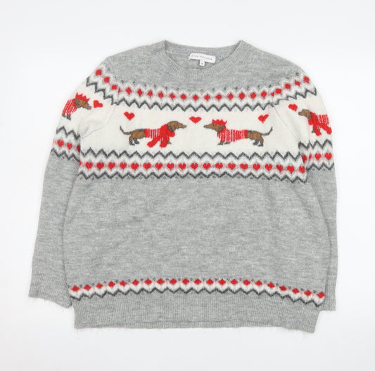 Next Women Grey Fair Isle Dog Jumper Size 18 Crew Neck Winter Knit