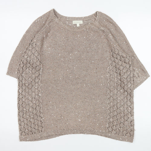 Monsoon Women Beige Sequin Knit Short Sleeve Pullover Jumper L