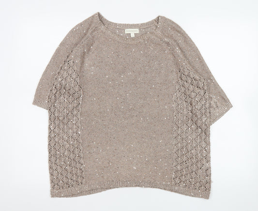 Monsoon Women Beige Sequin Knit Short Sleeve Pullover Jumper L