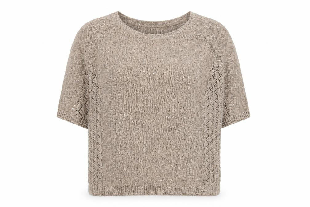 Front view of Monsoon Women Beige Sequin Knit Short Sleeve jumper L