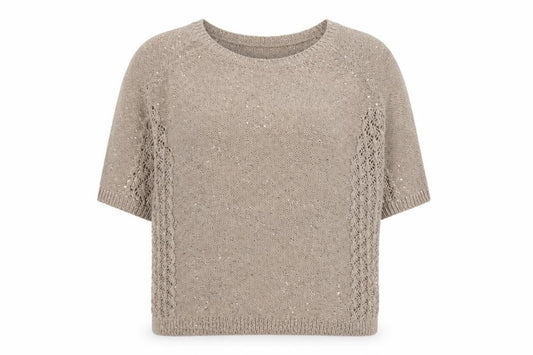 Front view of Monsoon Women Beige Sequin Knit Short Sleeve jumper L