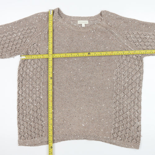 Monsoon Women Beige Sequin Knit Short Sleeve Pullover Jumper L