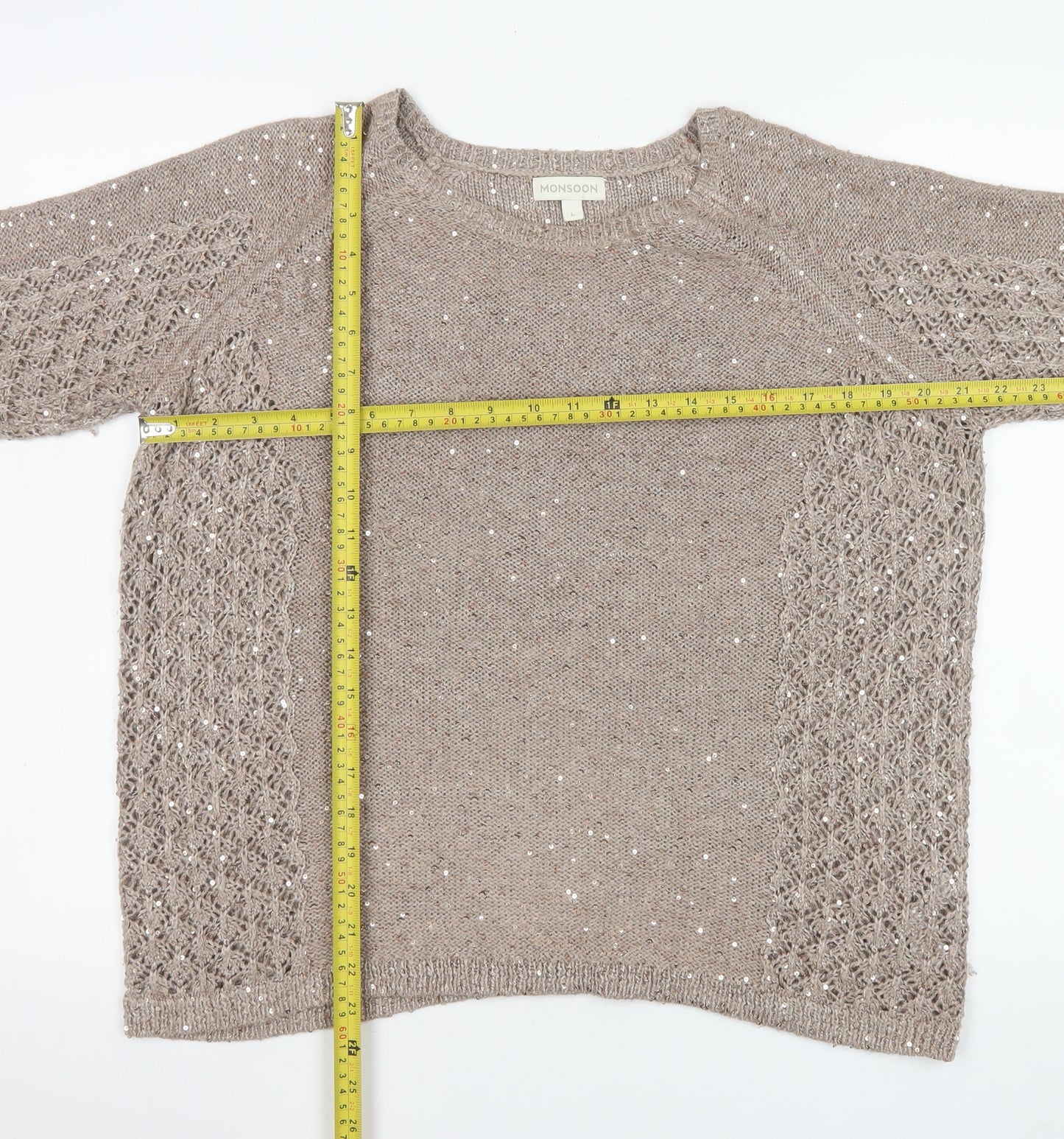 Monsoon Women Beige Sequin Knit Short Sleeve Pullover Jumper L