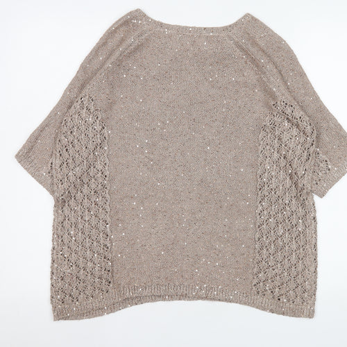 Monsoon Women Beige Sequin Knit Short Sleeve Pullover Jumper L