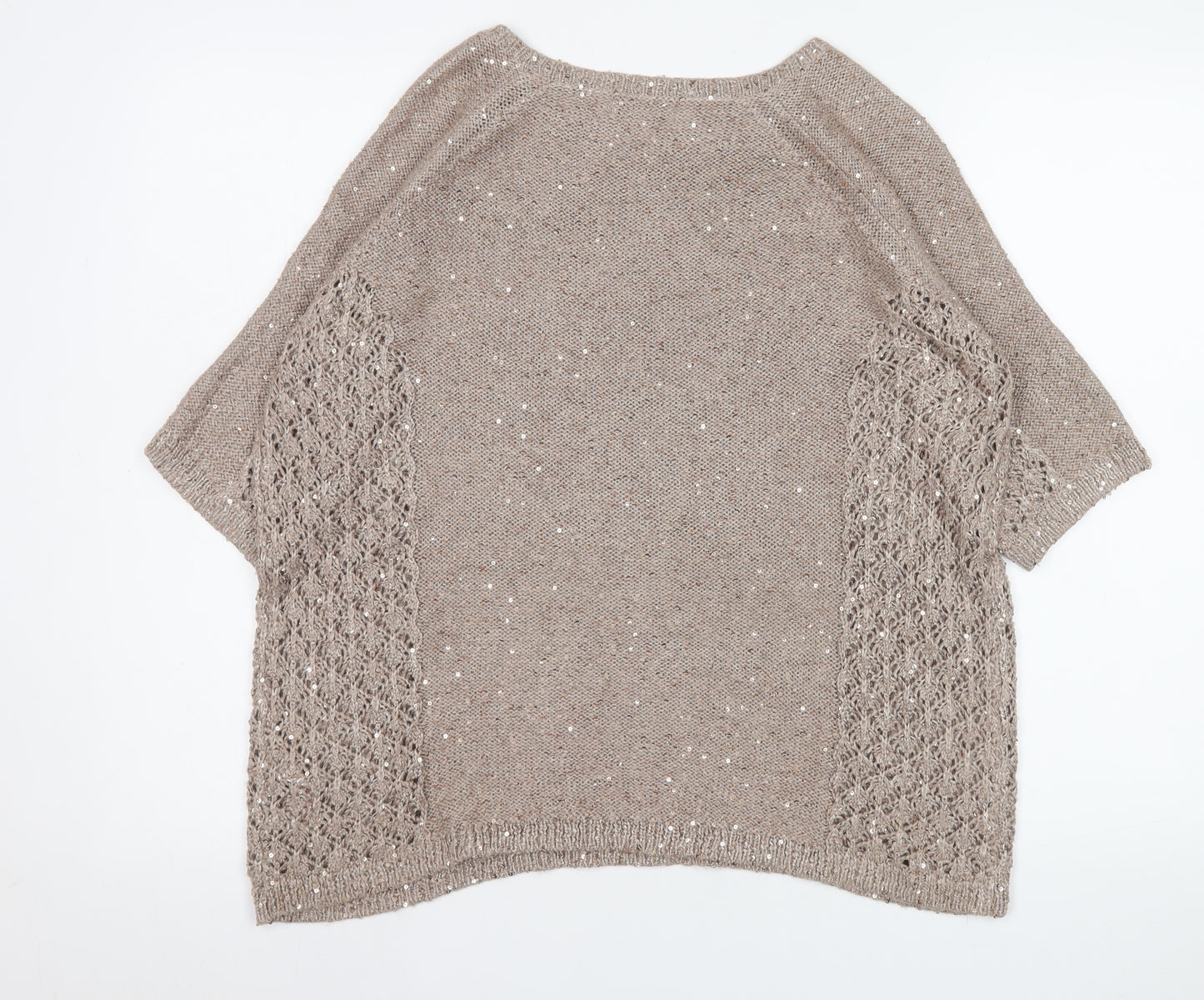 Monsoon Women Beige Sequin Knit Short Sleeve Pullover Jumper L