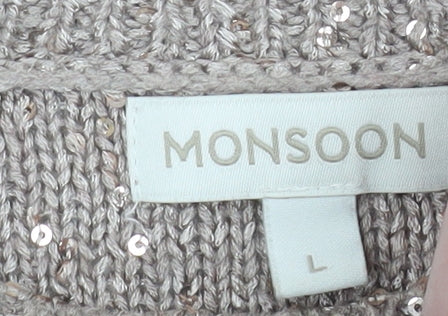 Monsoon Women Beige Sequin Knit Short Sleeve Pullover Jumper L