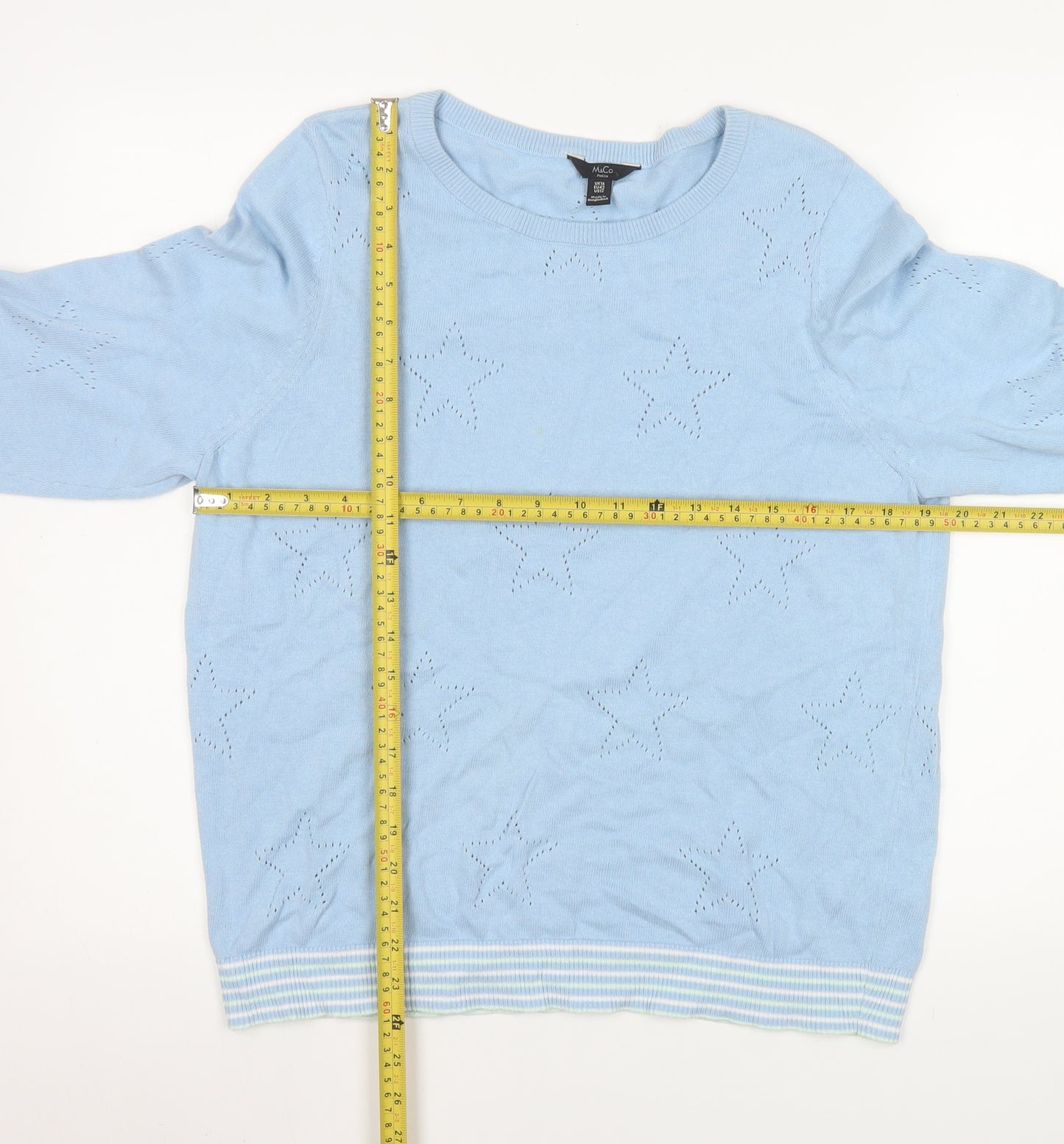 M&Co Women Blue Star Knit Cotton Pullover Sweater UK 16 Petite