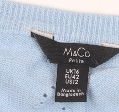 M&Co Women Blue Star Knit Cotton Pullover Sweater UK 16 Petite