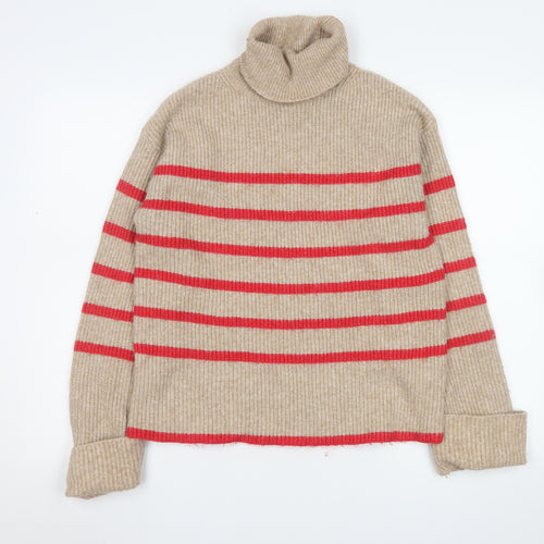 Marks and Spencer Women’s Beige Roll Neck Striped Jumper Size S