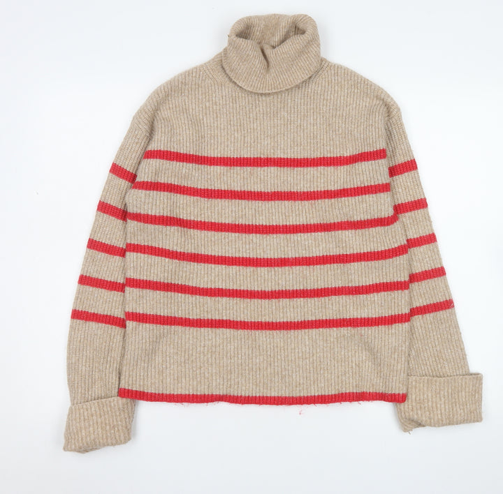Marks and Spencer Women’s Beige Roll Neck Striped Jumper Size S