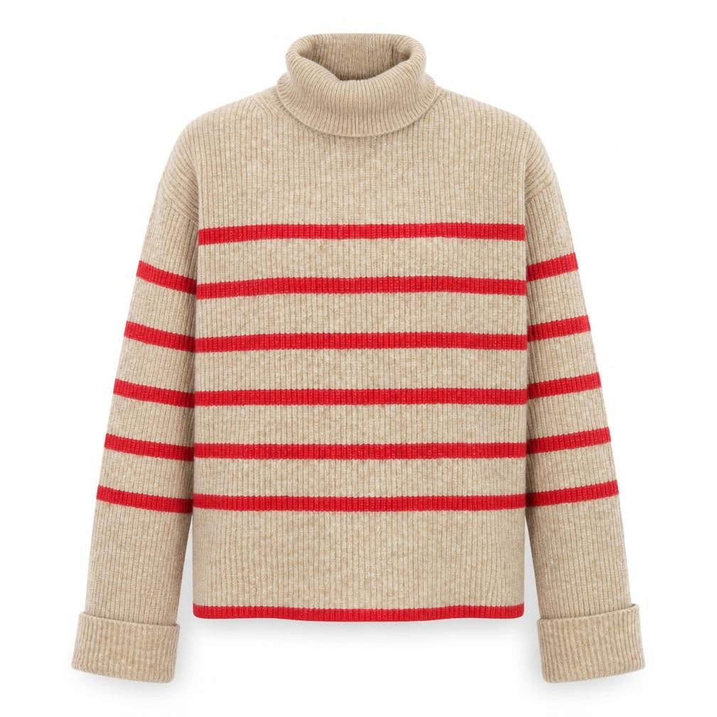 Marks and Spencer Women’s Beige Roll Neck Striped Jumper Size S