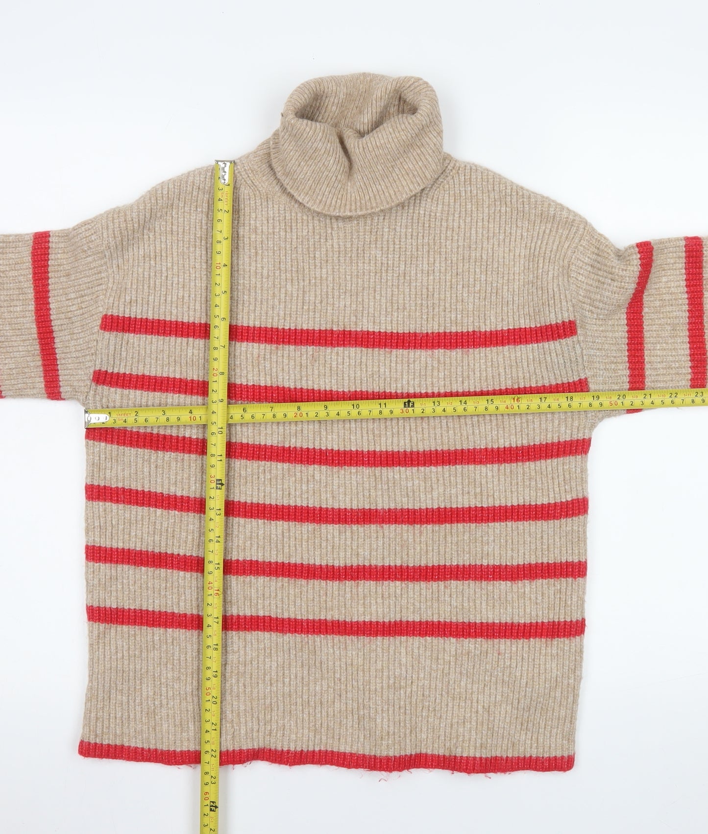 Marks and Spencer Women’s Beige Roll Neck Striped Jumper Size S