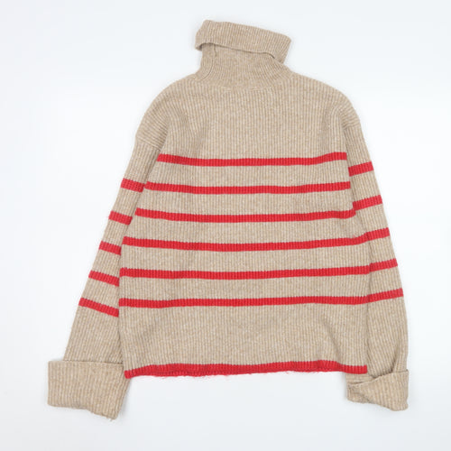 Marks and Spencer Women’s Beige Roll Neck Striped Jumper Size S