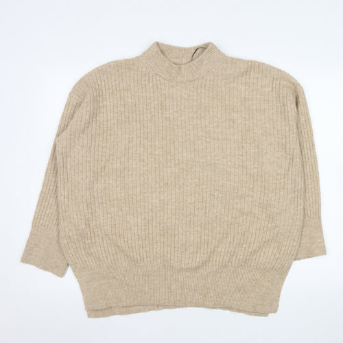H&M Men Beige Ribbed Mock Neck Pullover Jumper Size M