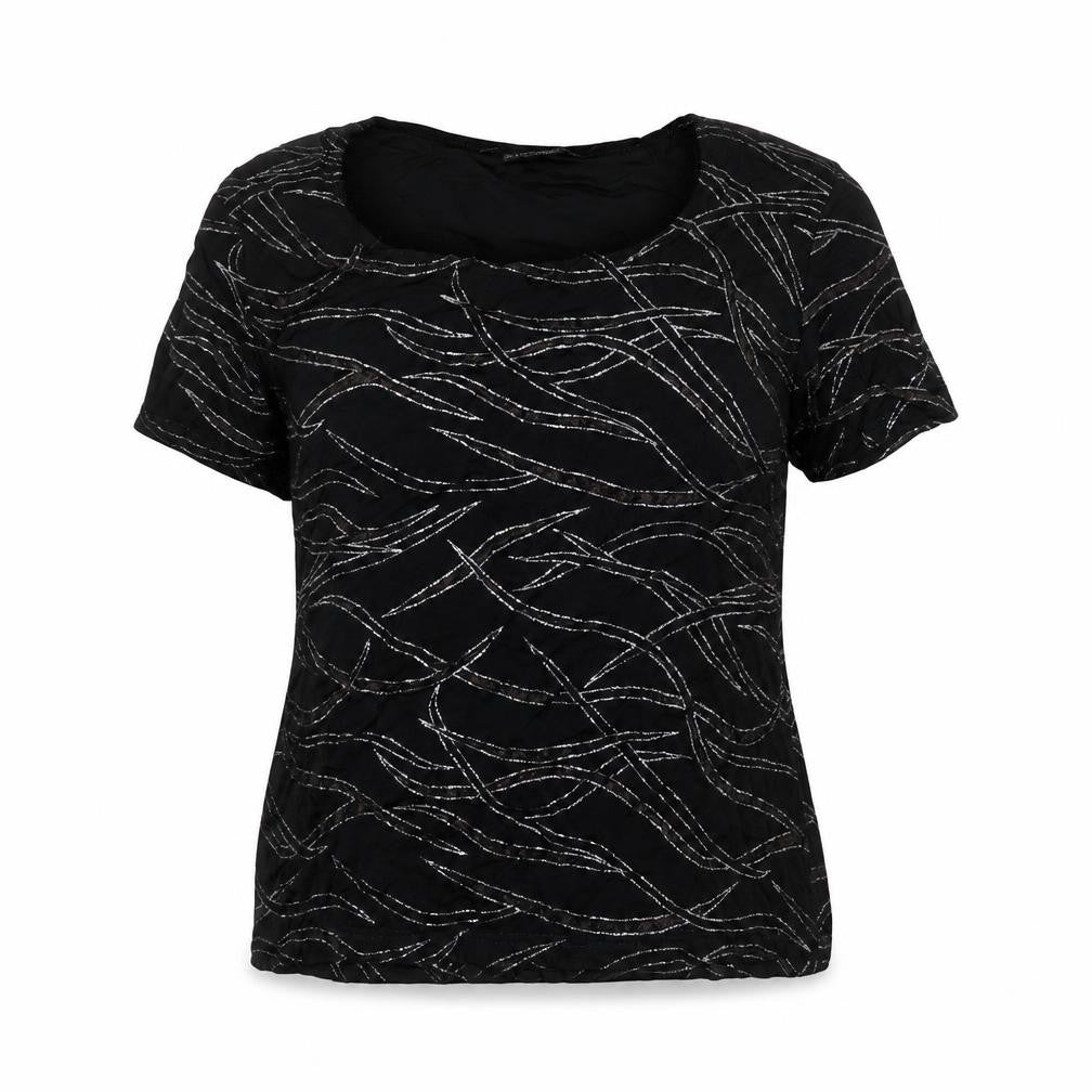 Front view of Reflections women’s black glitter patterned short sleeve top l