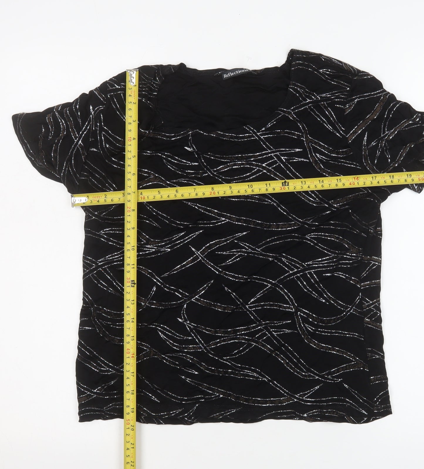 Reflections Womens Black Glitter Patterned Short Sleeve Top L