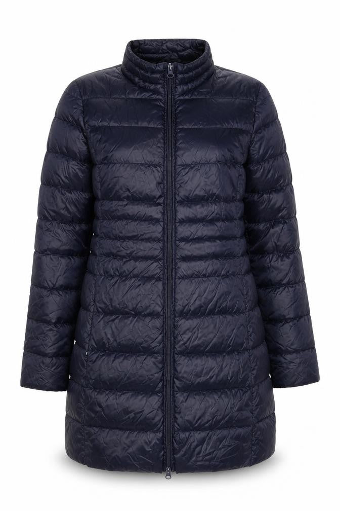 Front view of Paraphrase women’s blue long puffer coat, size UK 14, nylon down jacket