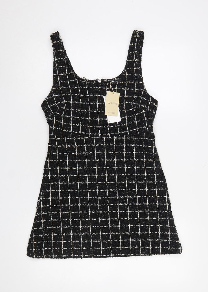MNG Women's Black Check Tweed Sleeveless Shift Dress Size 8