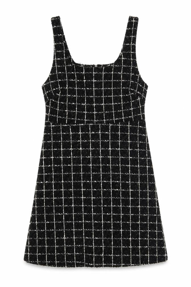 Front view of Mango Women's Black Check Tweed Sleeveless Shift Dress, size 8