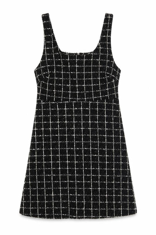 Front view of Mango Women's Black Check Tweed Sleeveless Shift Dress, size 8