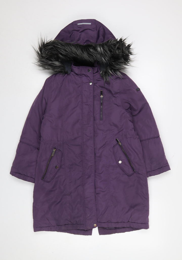 Next Girls Purple Hooded Faux Fur Trim Long Parka Coat Age 8 Years