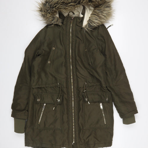Peacocks Women’s Green Faux Fur Hooded Long Parka Coat Size 10