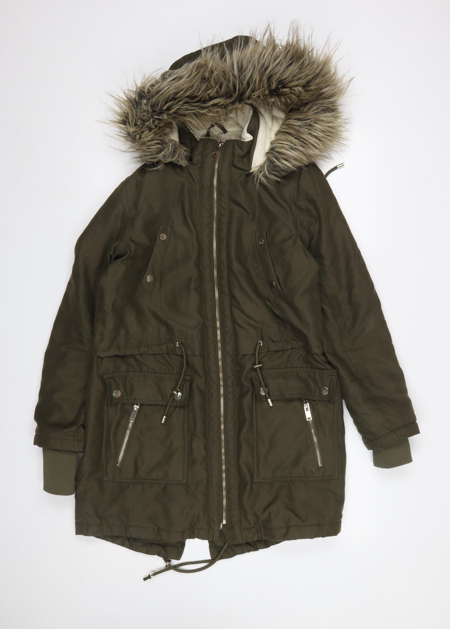 Peacocks Women’s Green Faux Fur Hooded Long Parka Coat Size 10