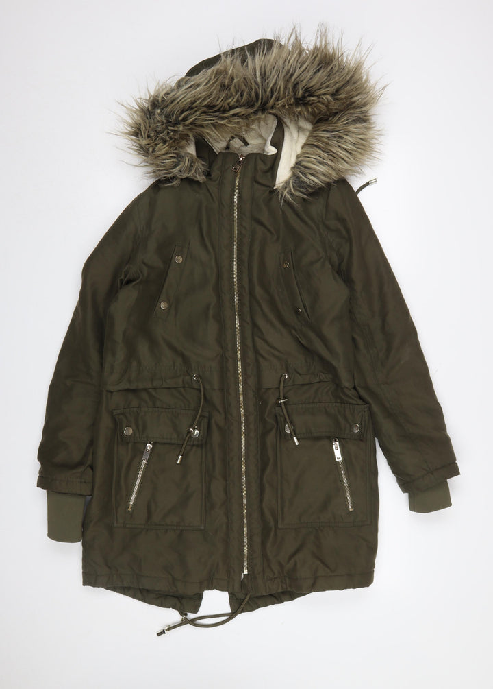 Peacocks Women’s Green Faux Fur Hooded Long Parka Coat Size 10