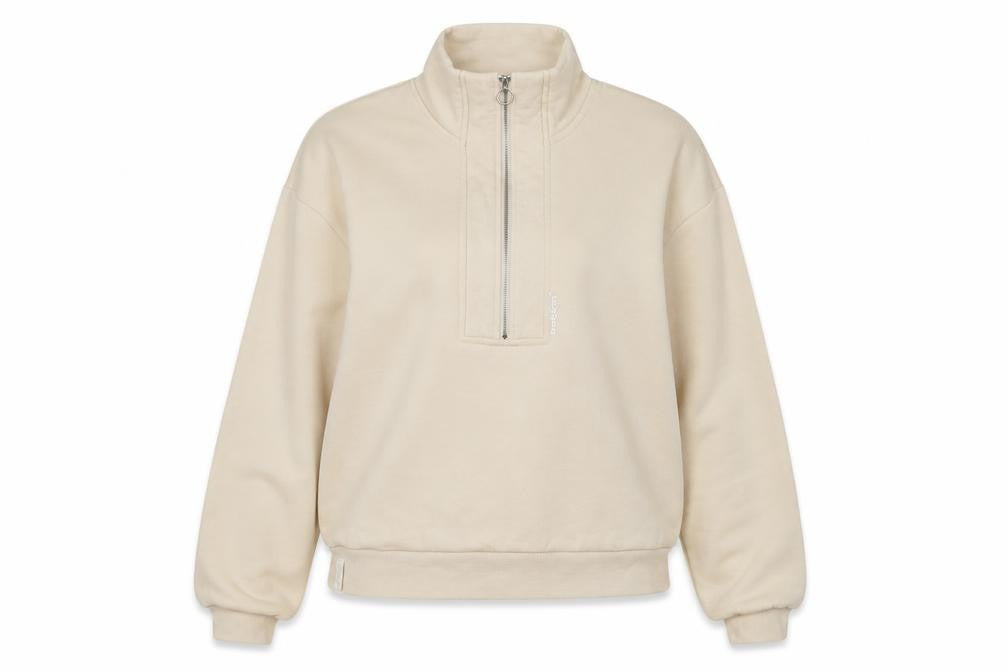 Front view of Bekkin Women's Beige 1/2 Zip Pullover Sweatshirt, size M