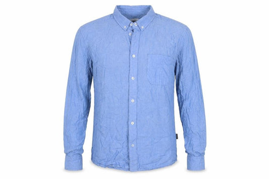 Front view of Dedicated Men’s Blue Organic Cotton Button-Down Shirt Medium