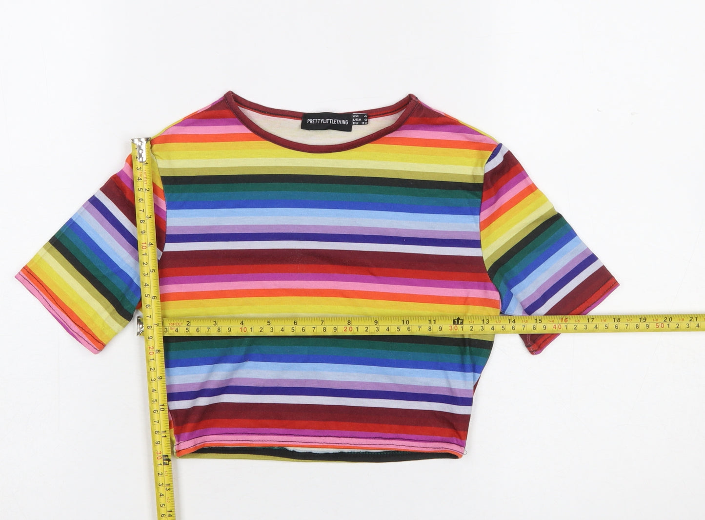 PrettyLittleThing Women’s Multicoloured Cropped Stripe T-Shirt UK 4